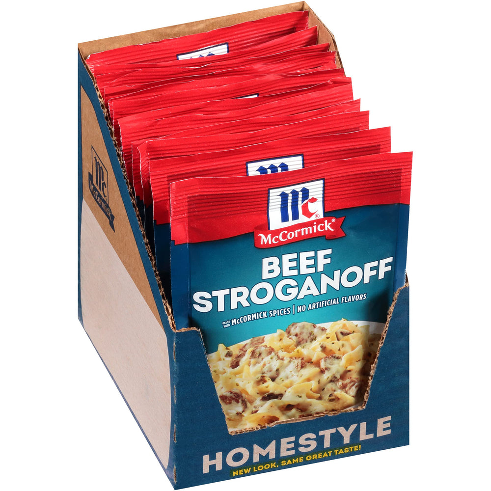 McCormick packet front view showing brand and convenient stroganoff mix benefit