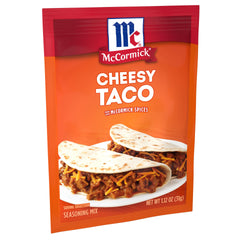 Close-up McCormick seasoning packet emphasizing real cheddar and spice blend benefit