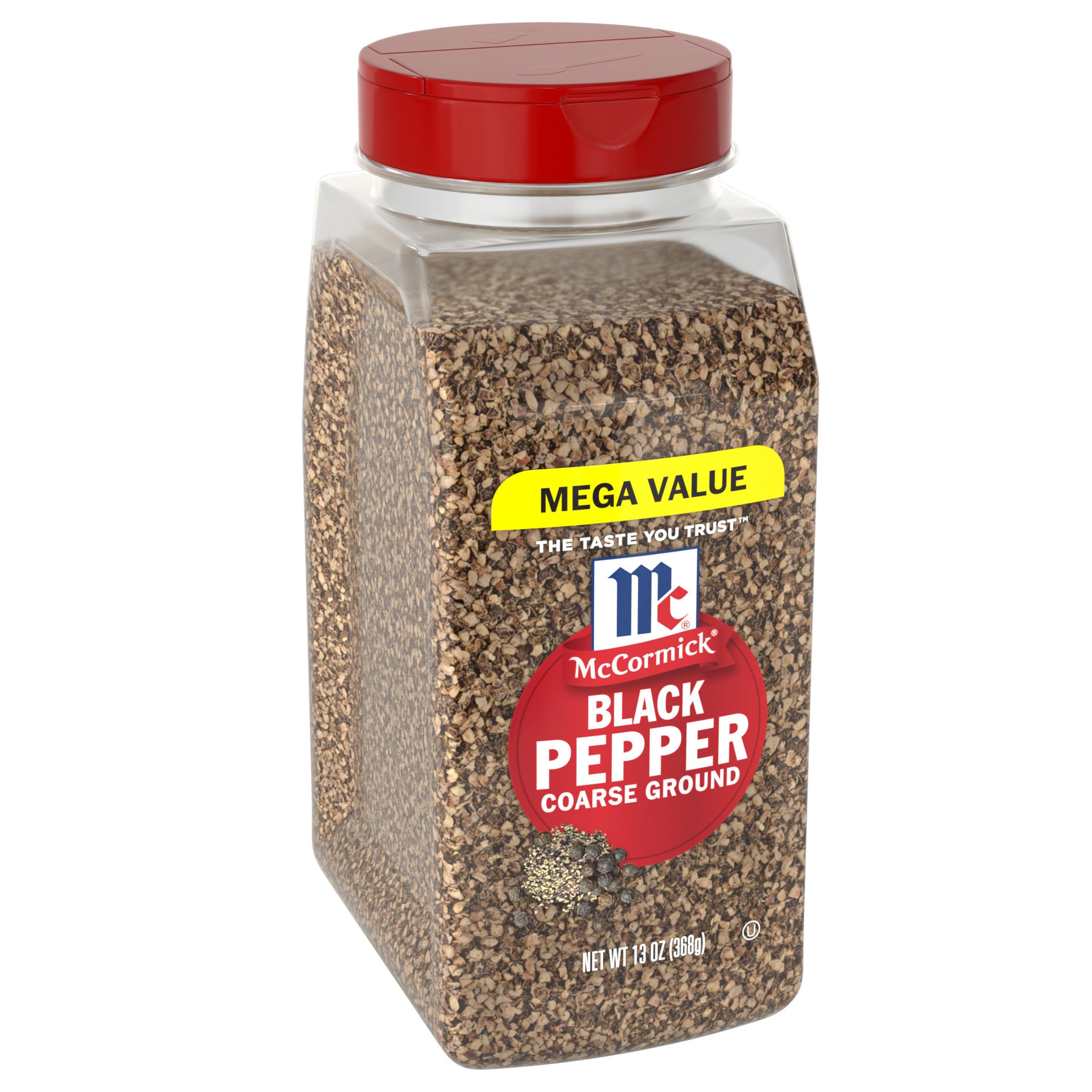 McCormick coarse black pepper bottle front view shows brand and size and vibrant seasoning