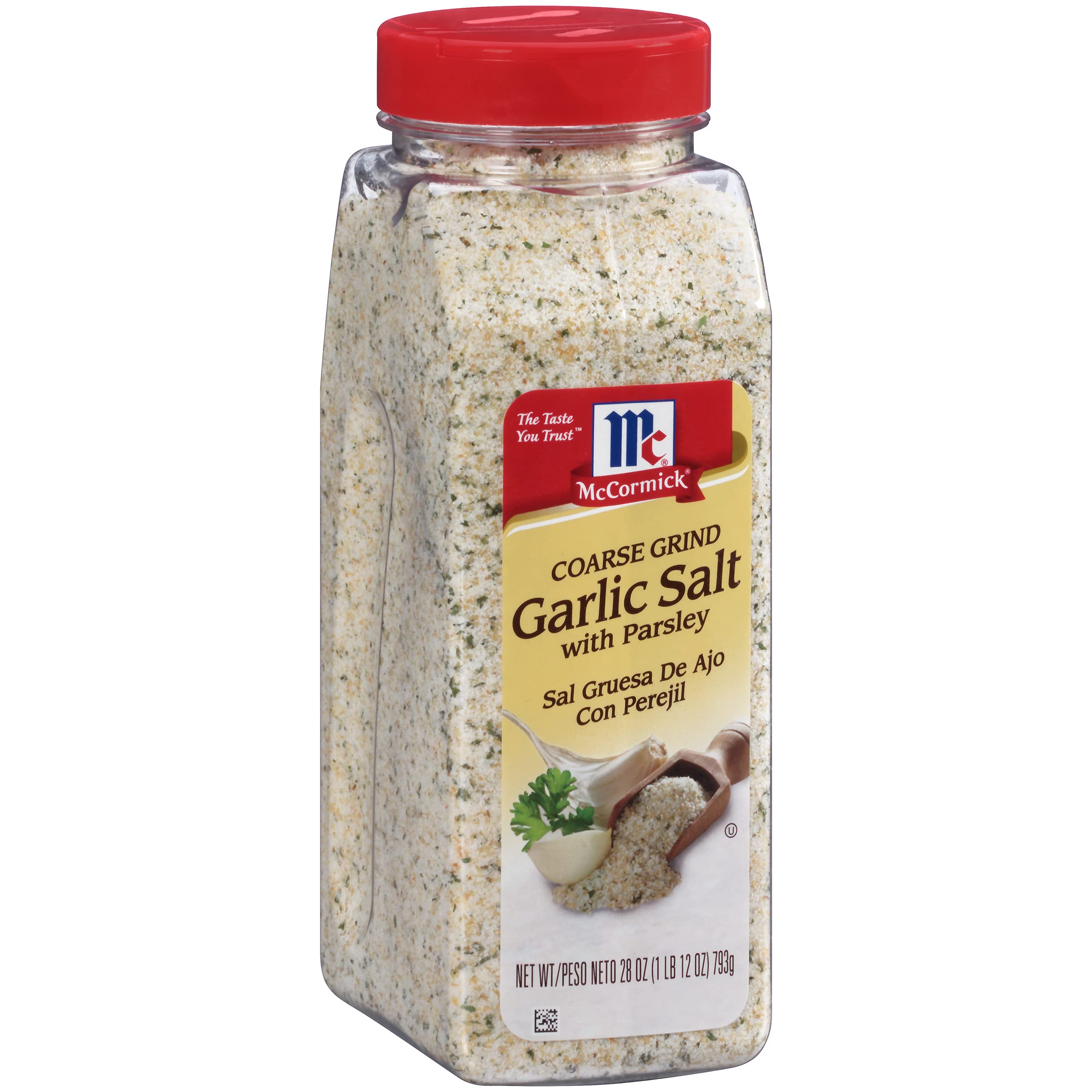 McCormick coarse grind garlic salt front label showing brand and parsley