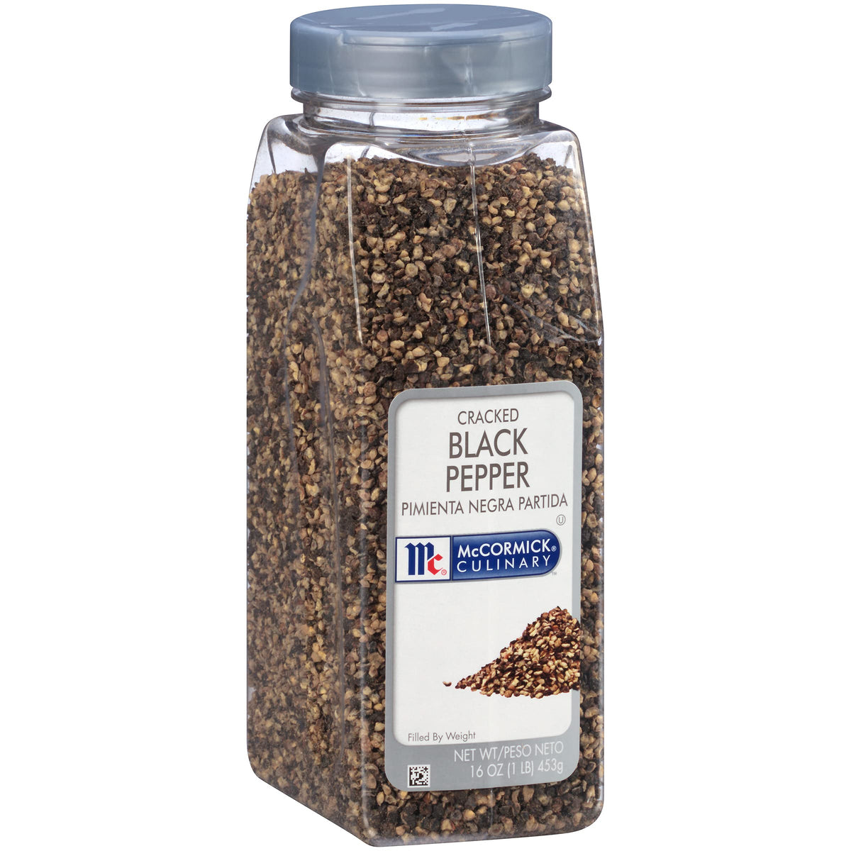 McCormick Culinary front label showing 16 oz cracked black pepper for kitchen use