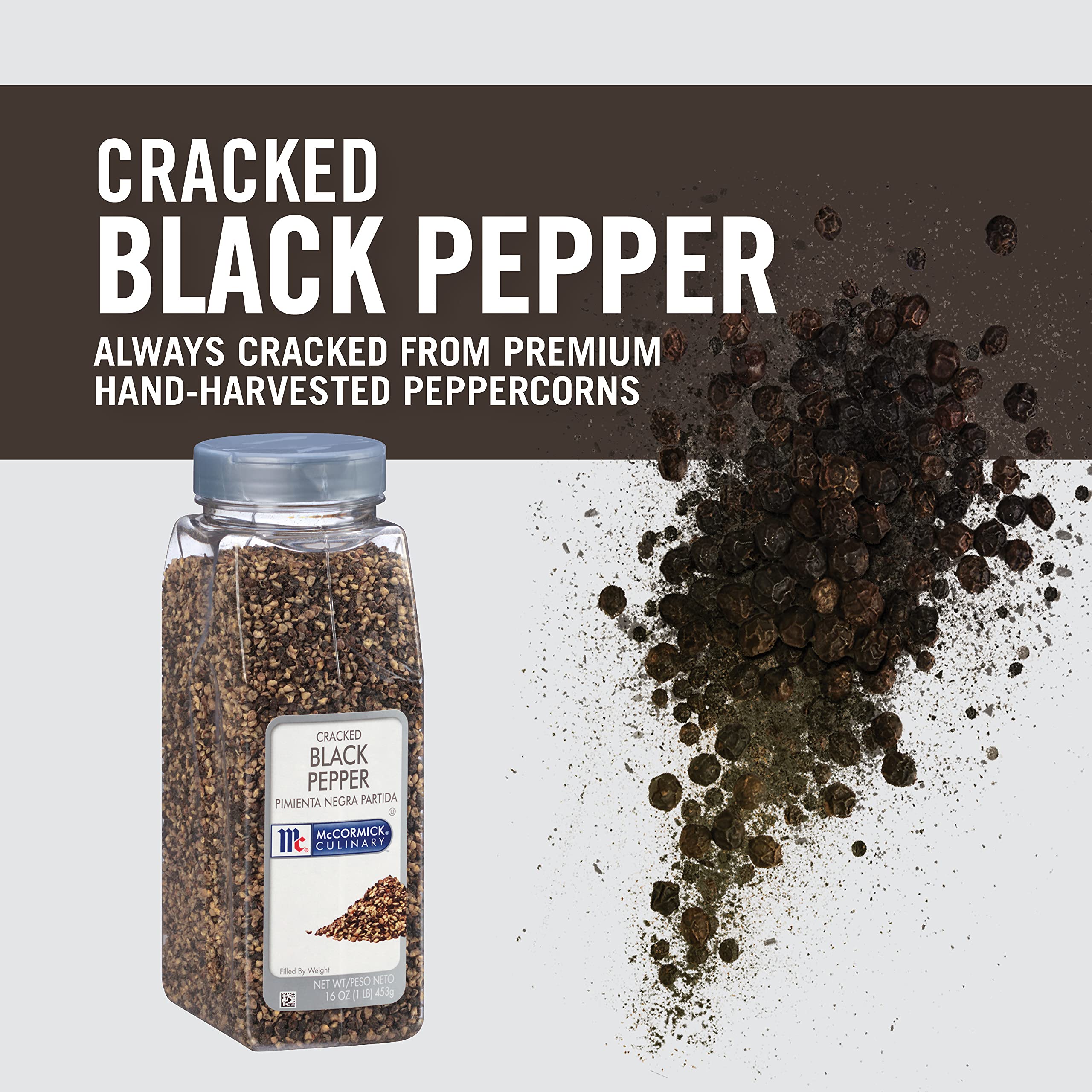 Close-up of cracked black pepper texture from McCormick for bold crunchy seasoning