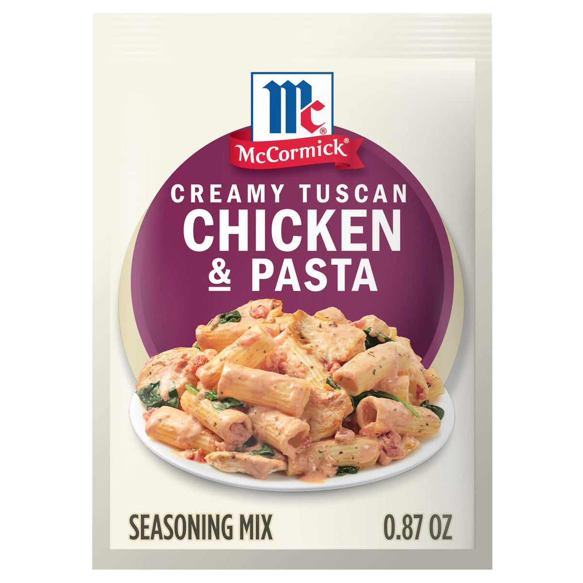 McCormick front packaging showing creamy tuscan chicken mix benefits quick dinners