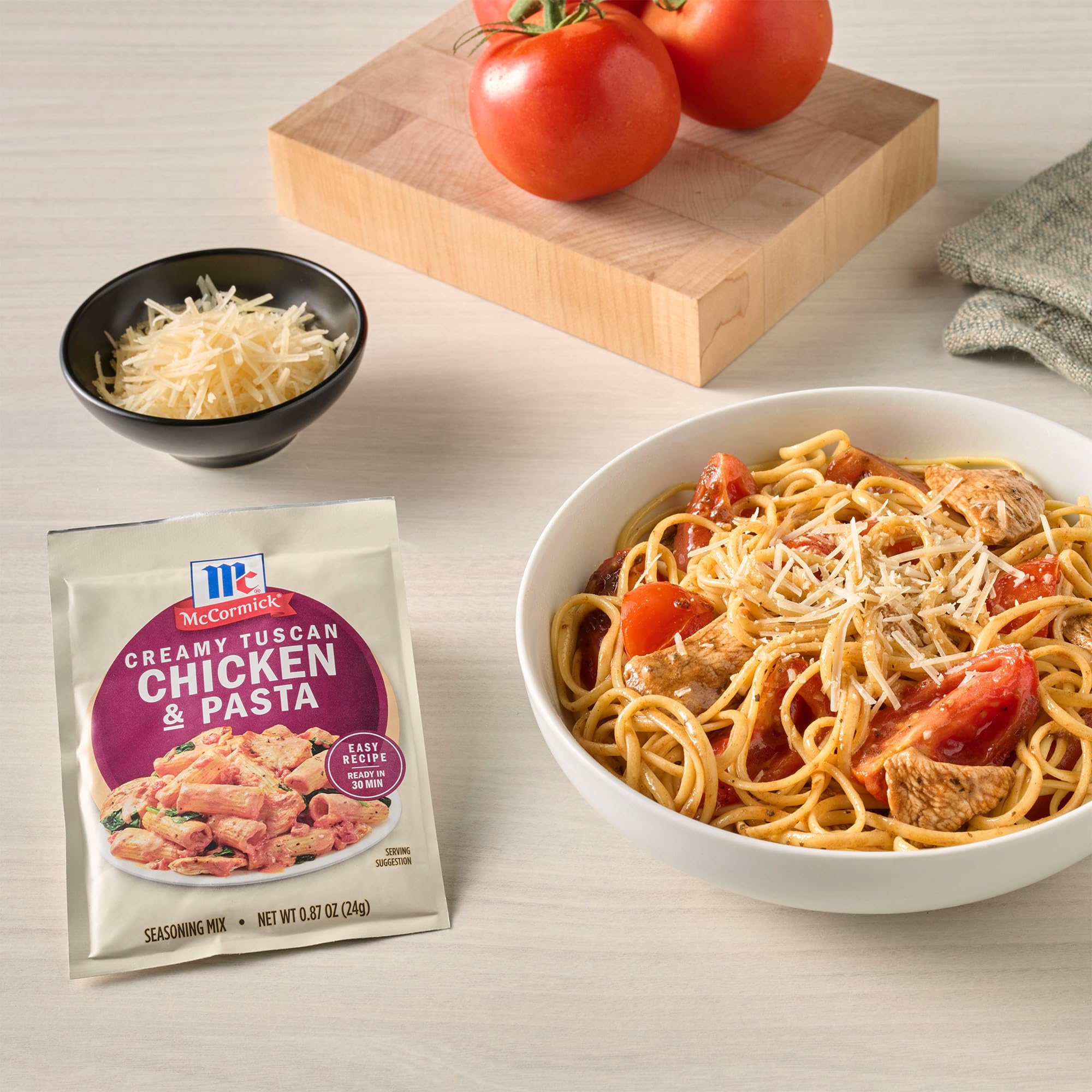 Family dinner scene showcasing McCormick Tuscan mix as an easy weeknight meal