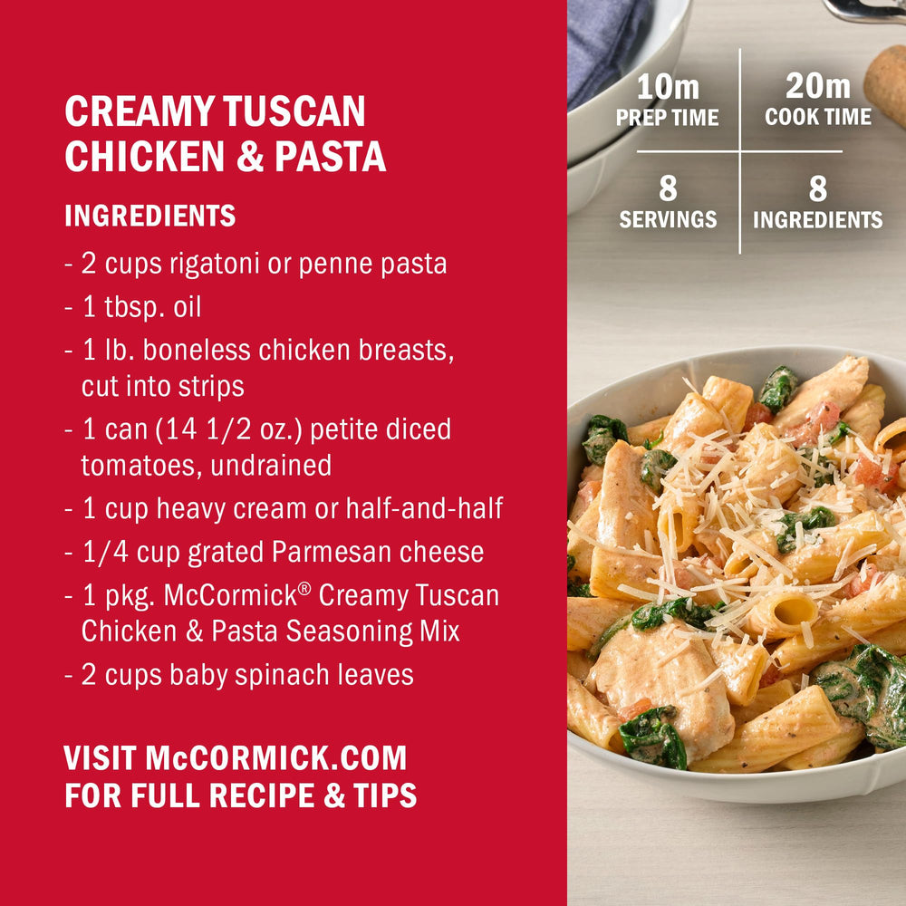 Skillet with pasta, baby spinach, and McCormick mix simmering for creamy sauce