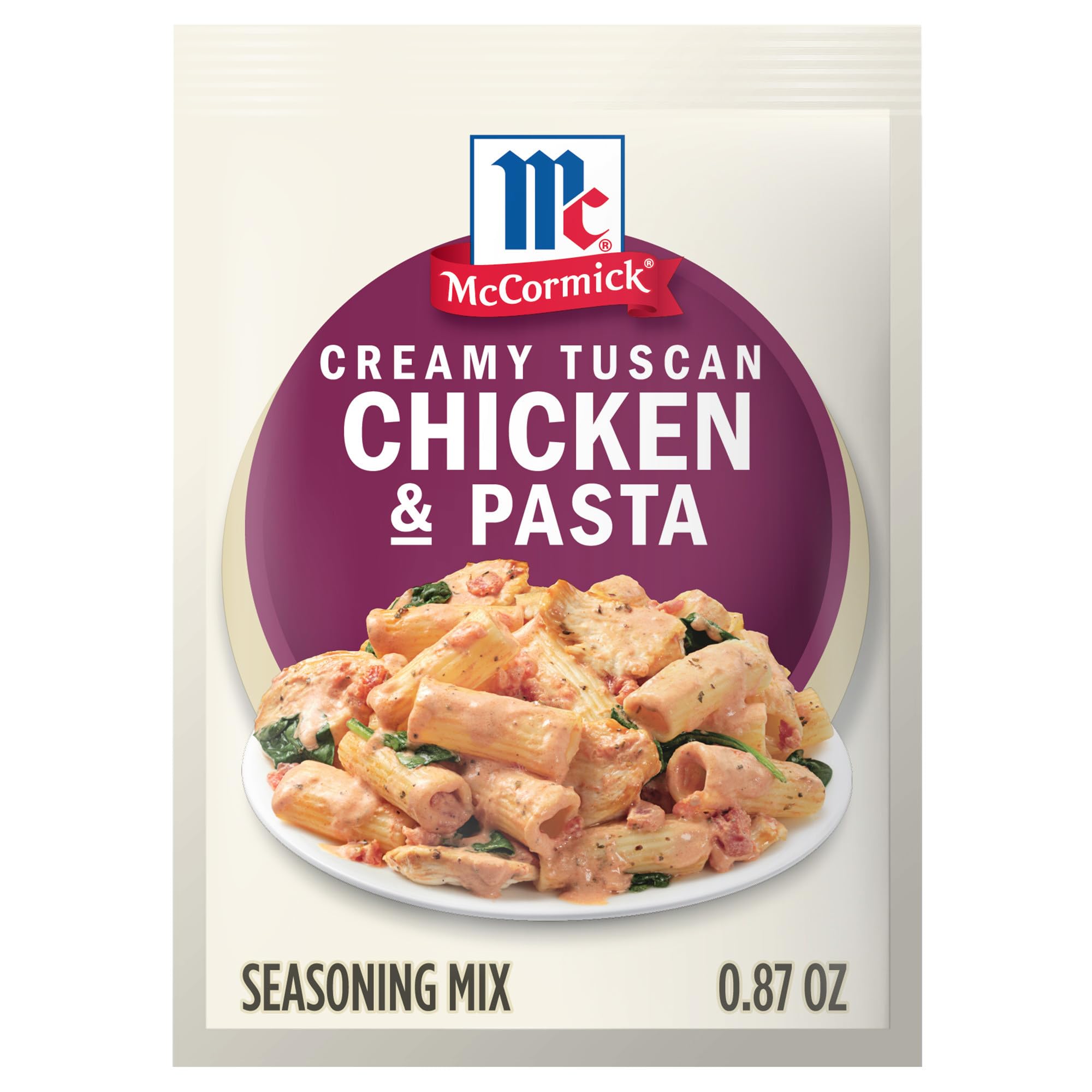 Plated portion size of McCormick Tuscan chicken and pasta showing family serving