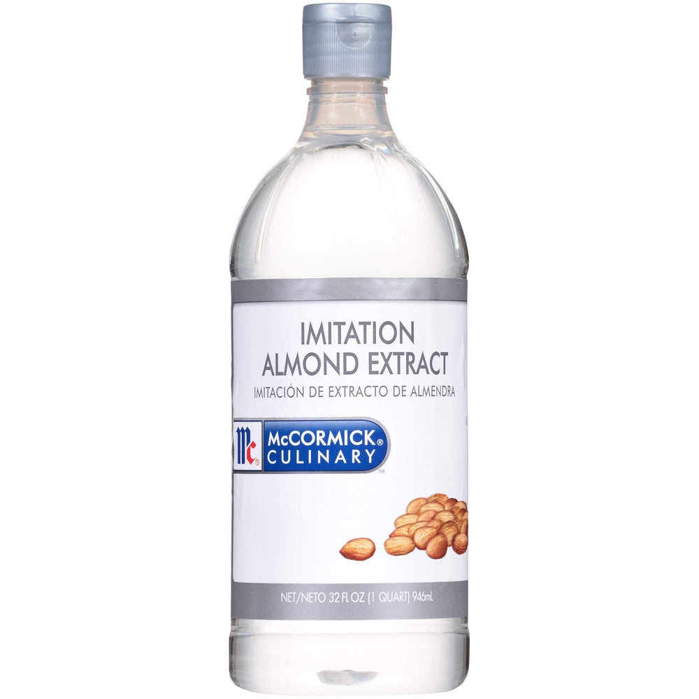 McCormick Culinary front label showing 32 fl oz clear almond extract, reliable flavor