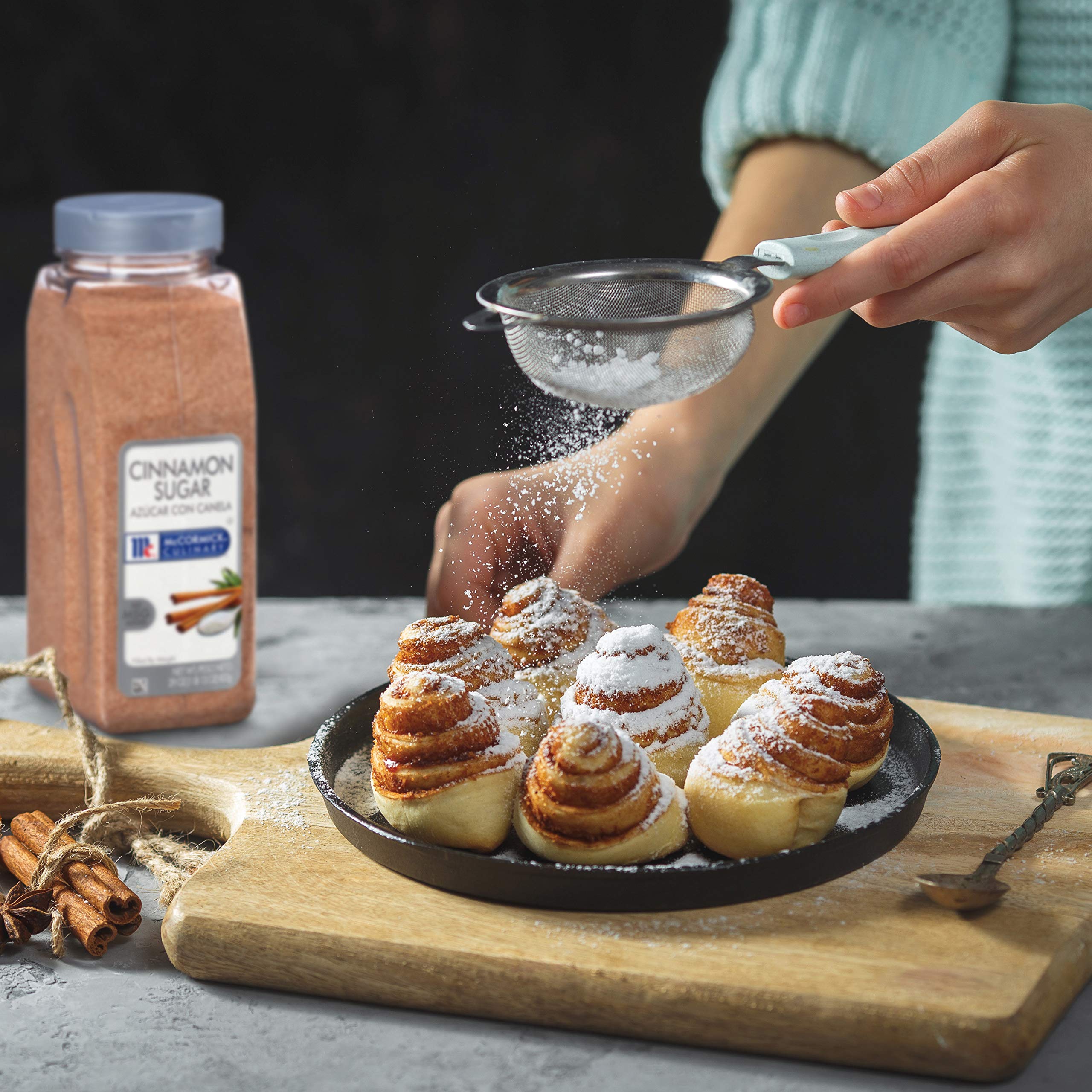 Close-up texture of McCormick Culinary cinnamon sugar showing fine, clump-free blend for even mixing