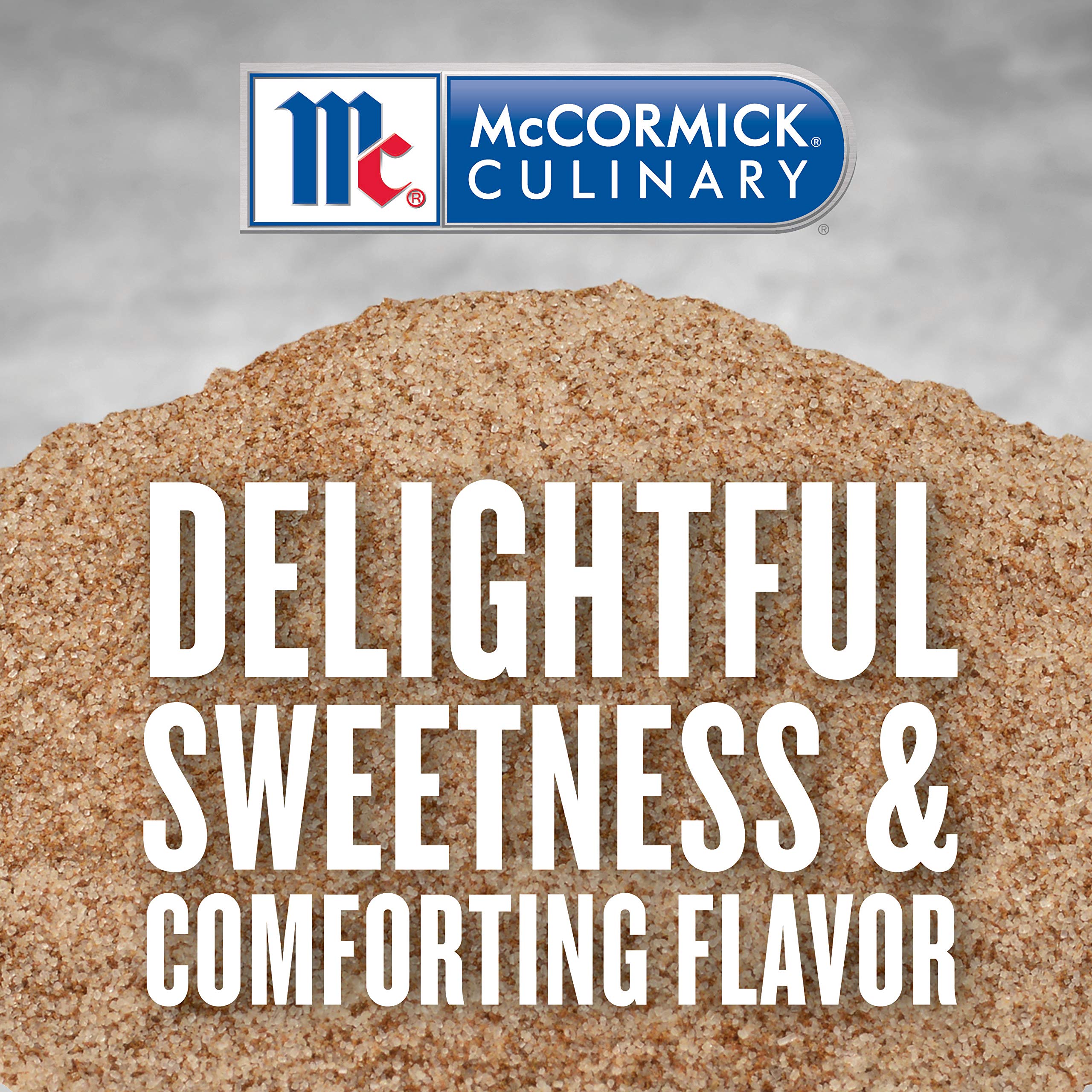 McCormick Culinary container open with spoon scooping cinnamon sugar for quick prep convenience
