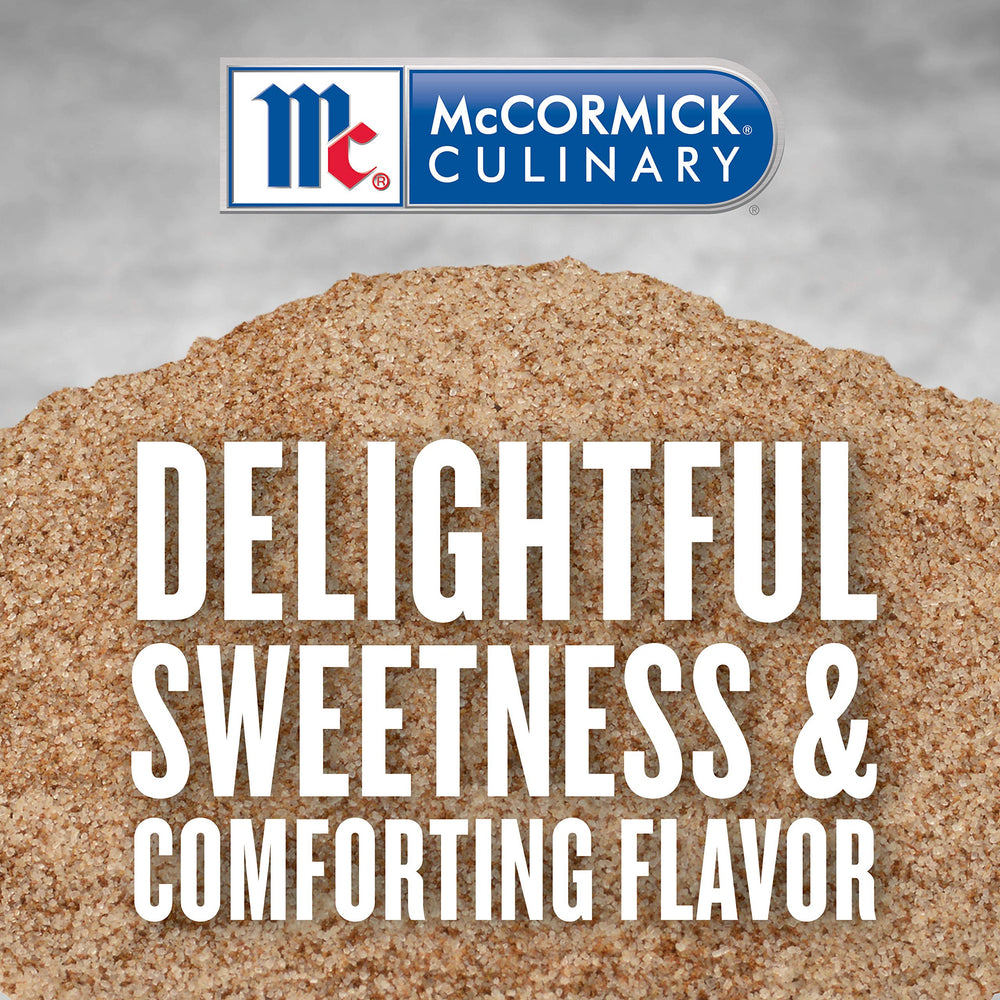 McCormick Culinary container open with spoon scooping cinnamon sugar for quick prep convenience