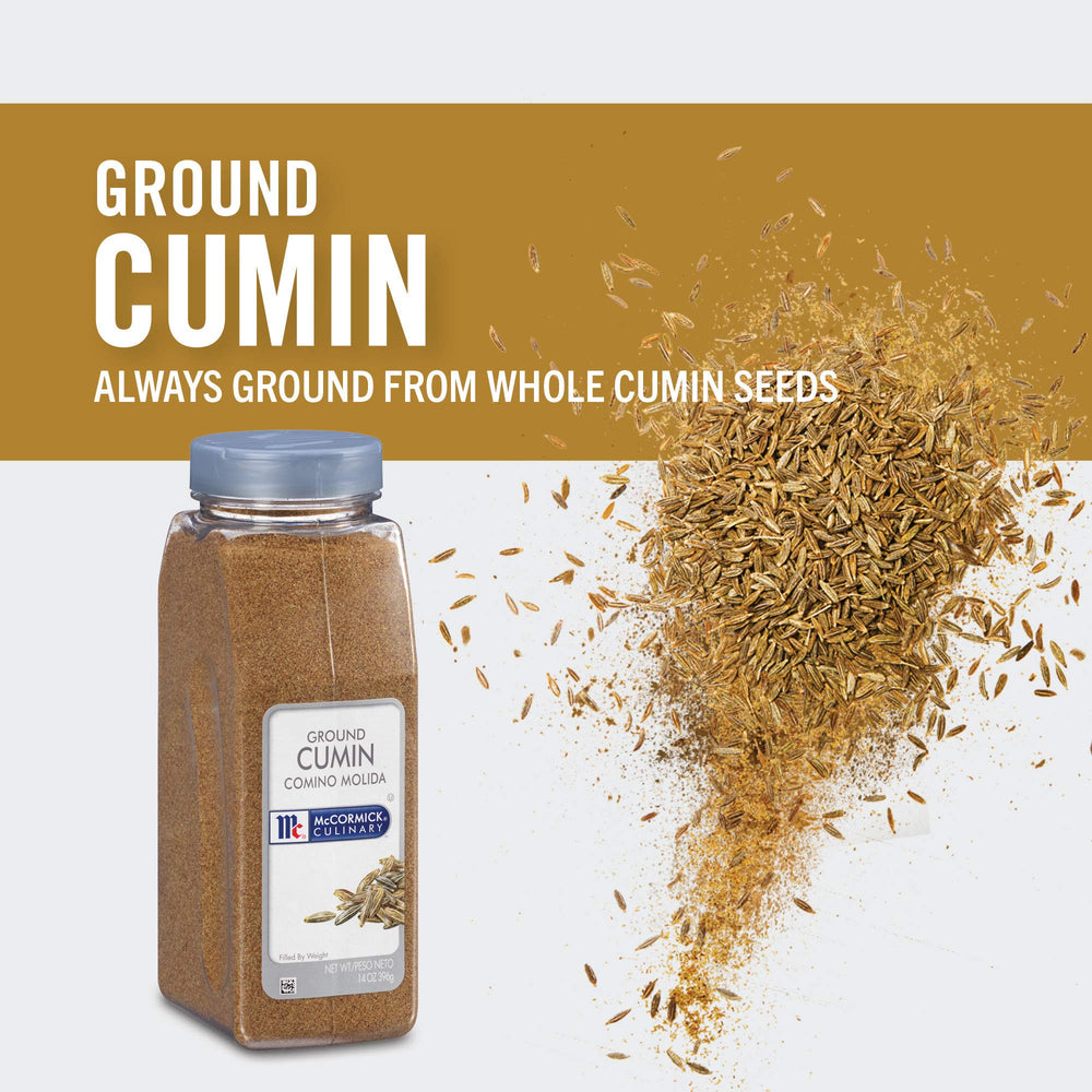 McCormick Culinary ground cumin pouring from container to show fine texture and easy dispensing