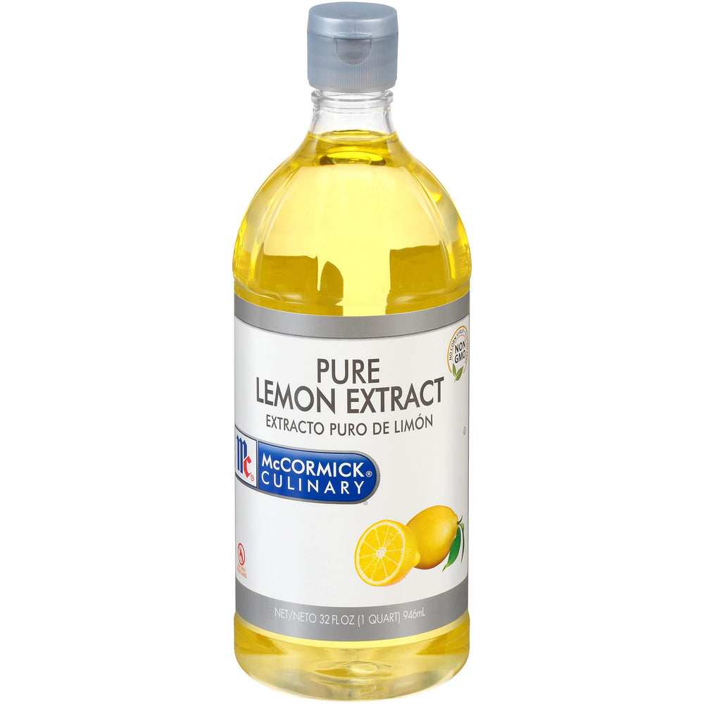 McCormick Culinary front packaging showing 32 fl oz bottle and clear lemon extract benefits