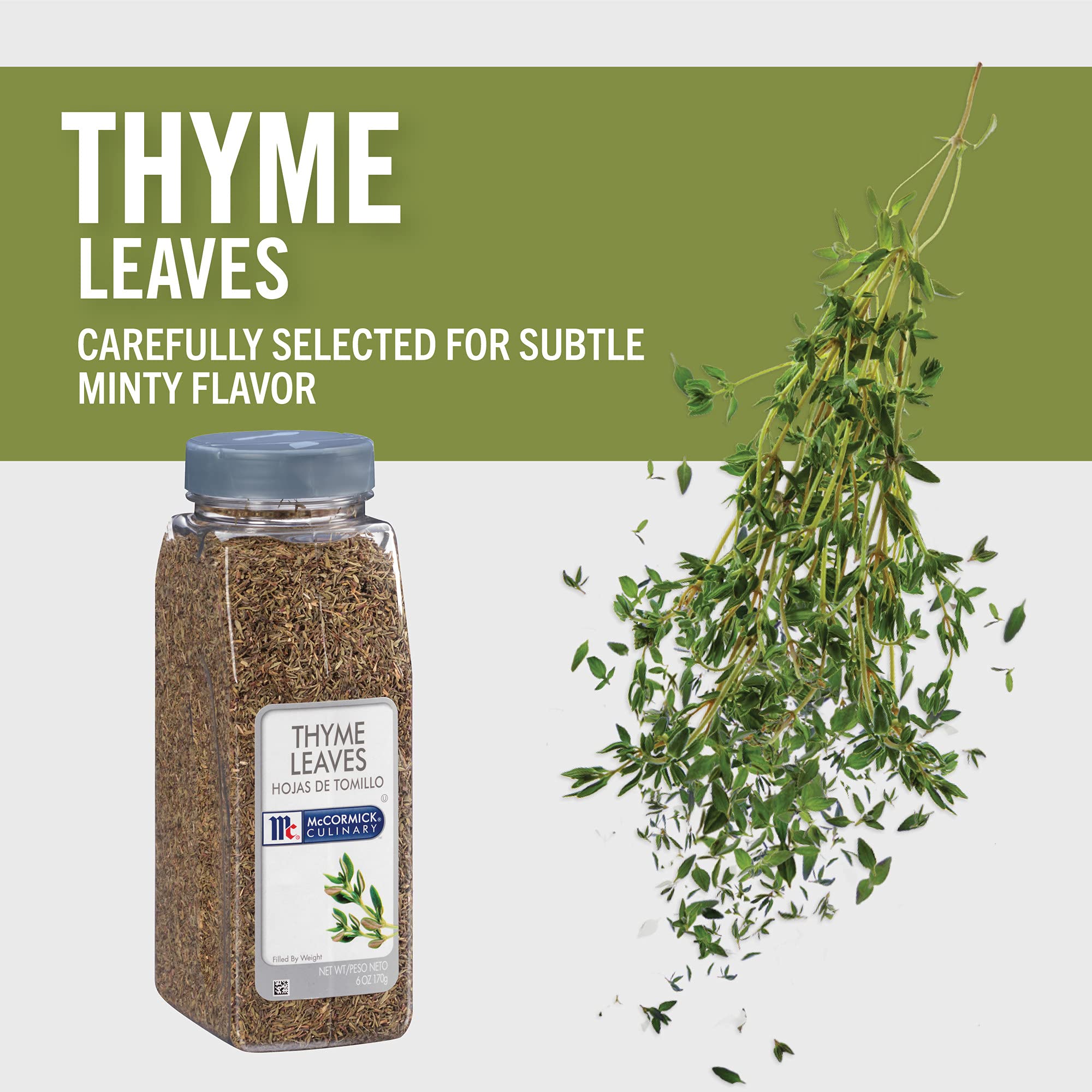 McCormick Culinary open container with thyme leaves for easy scooping and use