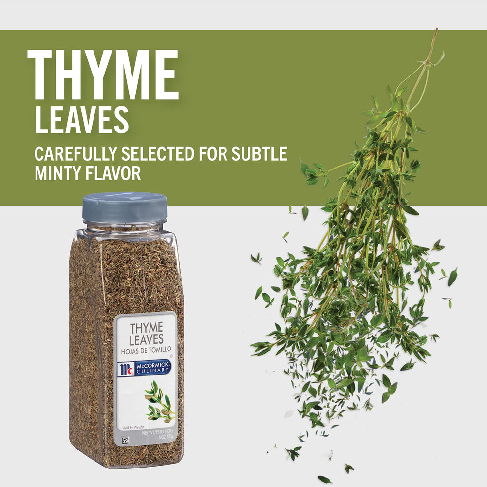 McCormick Culinary open container with thyme leaves for easy scooping and use
