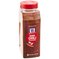 McCormick dark chili powder jar front view showing brand and dark spice benefit