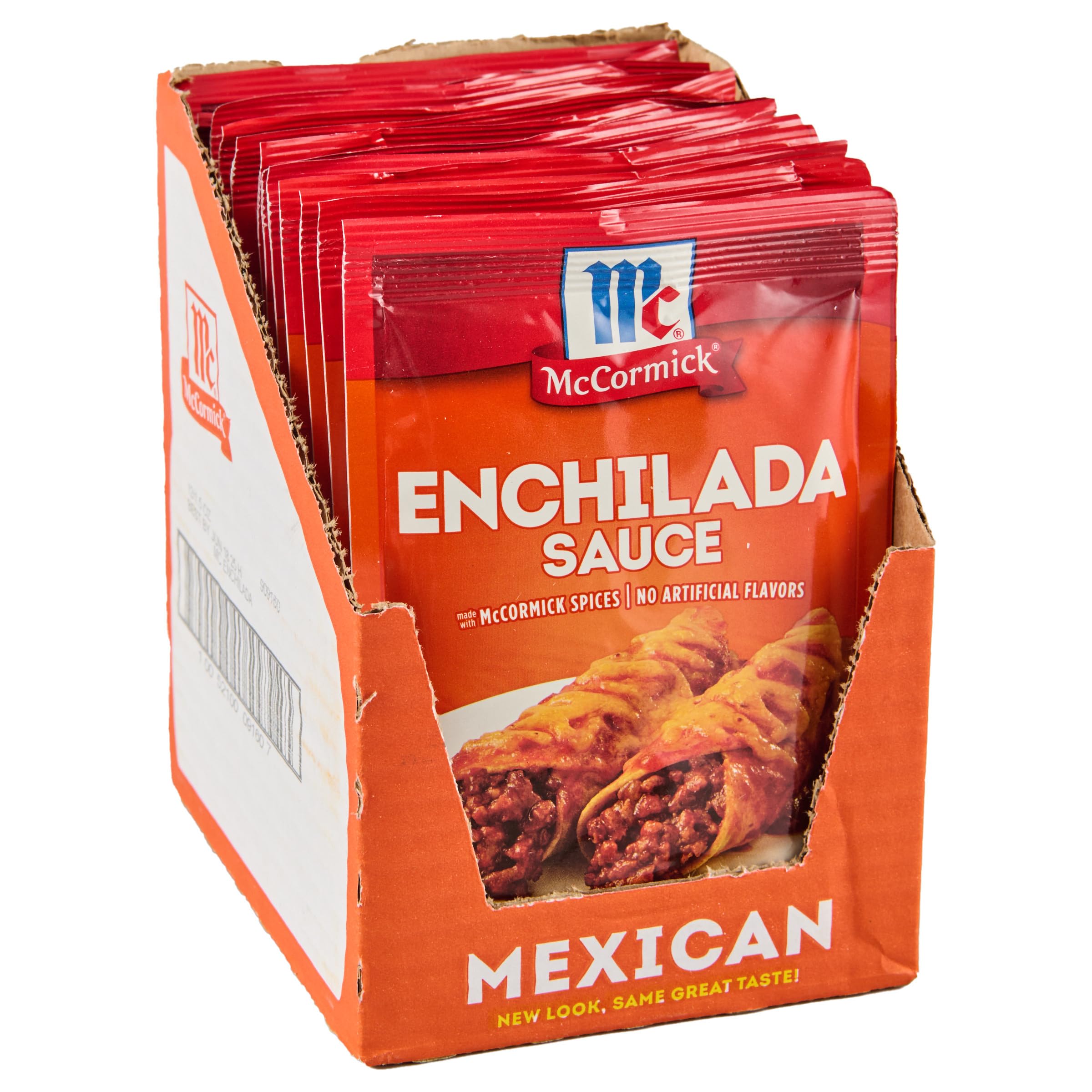 McCormick front packaging showing enchilada sauce mix and brand benefit of convenience