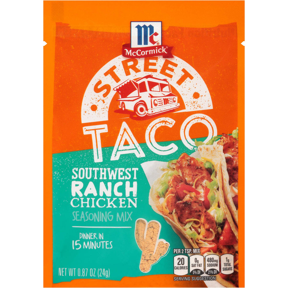 McCormick front packet showing Street Taco Southwest Ranch branding and quick-cook benefit