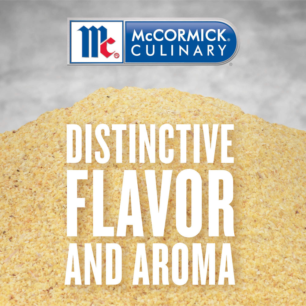 McCormick Culinary granulated garlic beside teaspoon showing portion control benefit