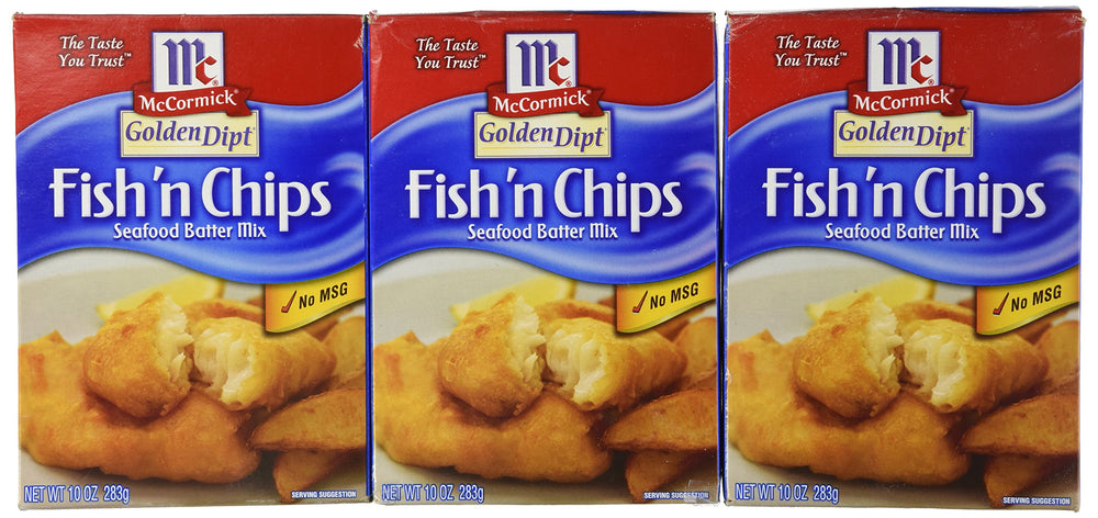 McCormick front packaging of Golden Dipt mix showing product and pack of three for reliable use