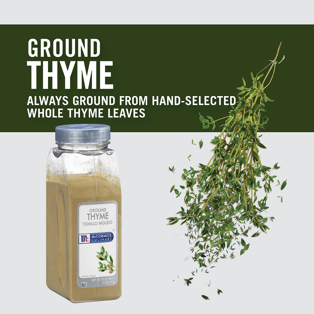 McCormick Culinary ground thyme in a chowder bowl enhancing savory aroma and taste