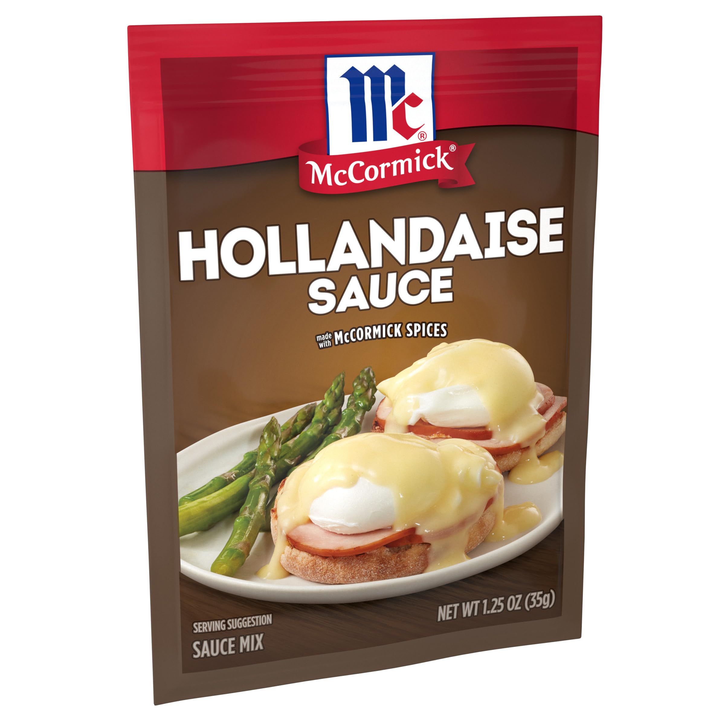 Close-up of McCormick Hollandaise packet texture and label for easy identification and pantry storage