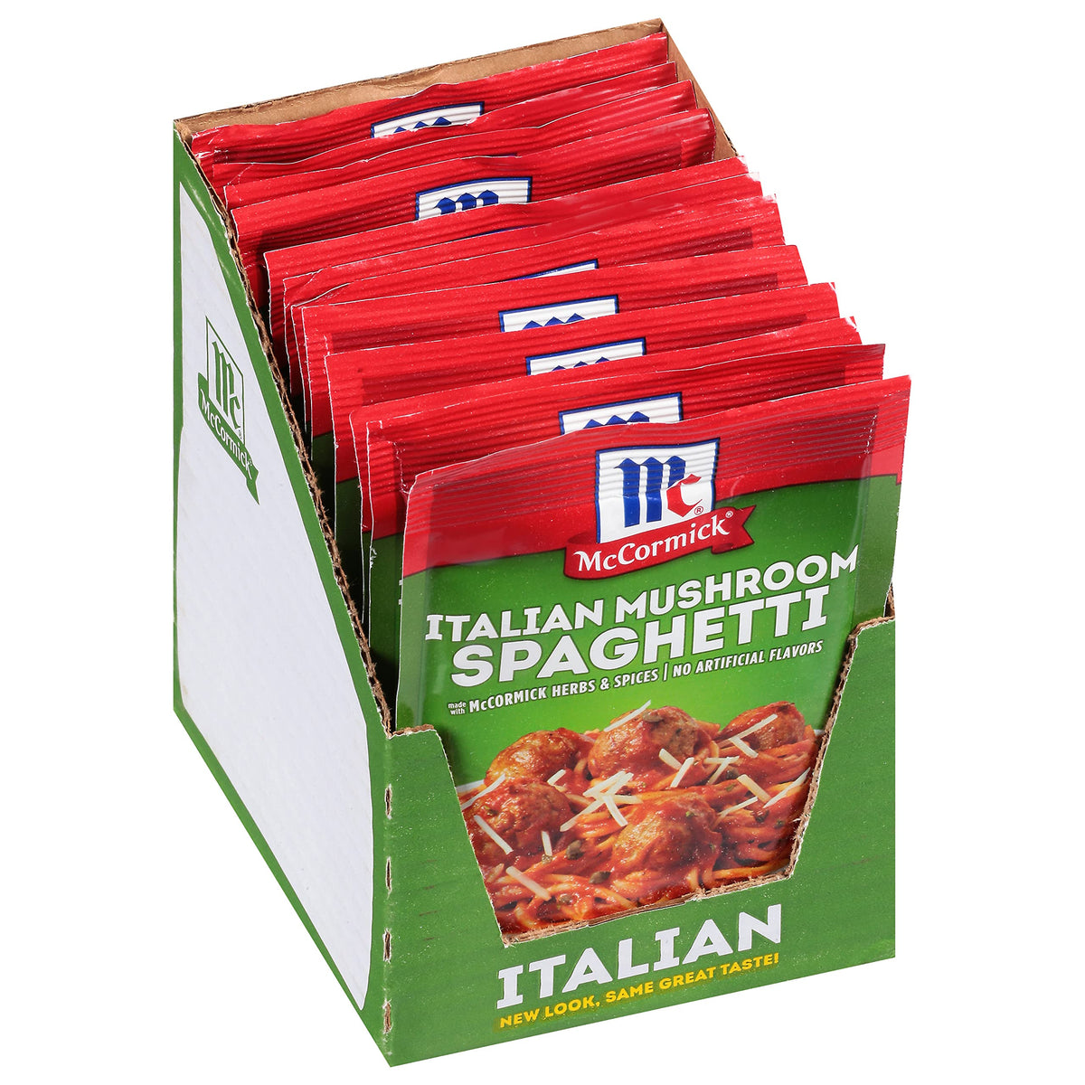 McCormick front packaging showing Italian Mushroom Spaghetti Sauce mix and brand logo for pantry convenience