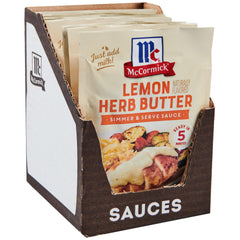 McCormick front packaging showing lemon herb butter sauce mix benefit quick flavor