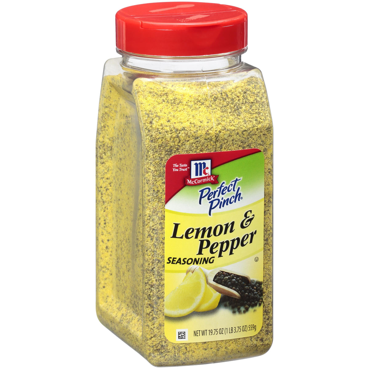 McCormick front label showing lemon pepper seasoner for quick identification and confidence