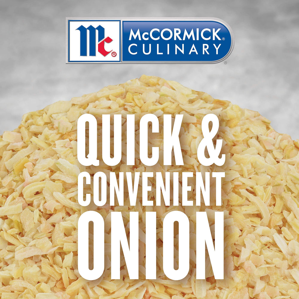 McCormick minced onion open canister with wide top for easy scooping