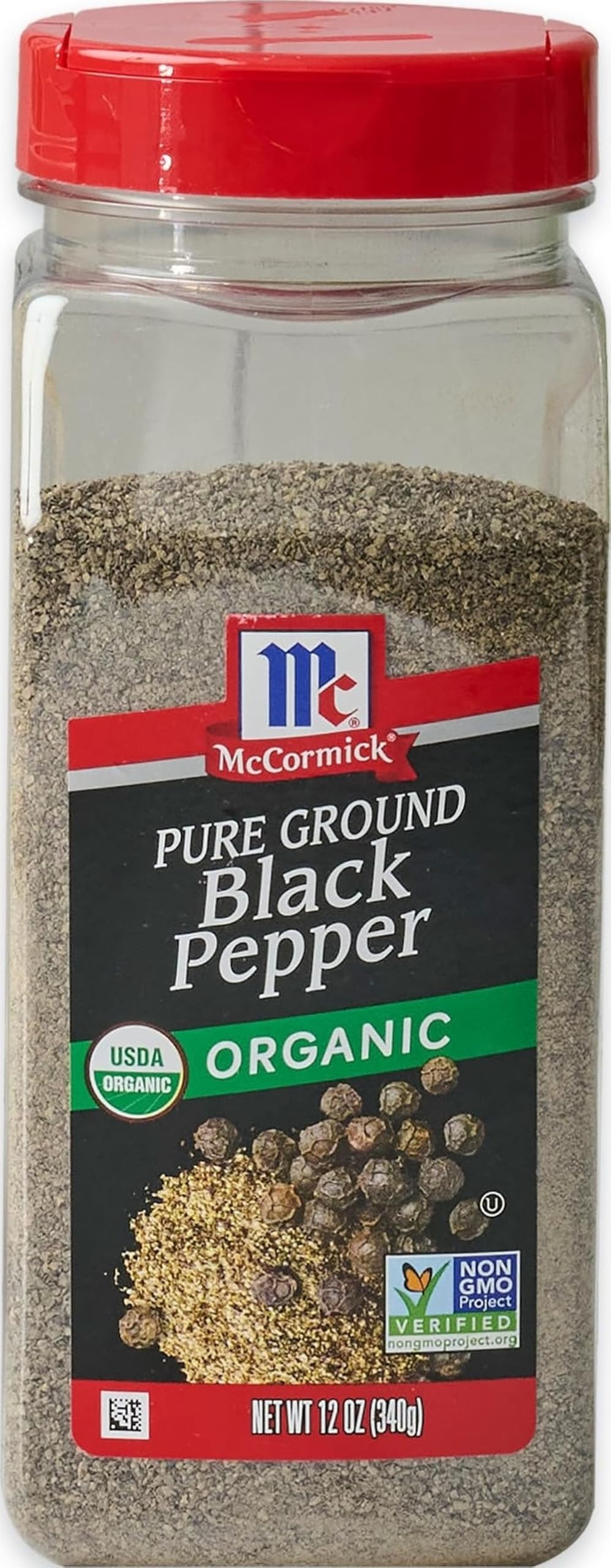 McCormick front label showing organic ground black pepper and clear jar benefit: easy identification