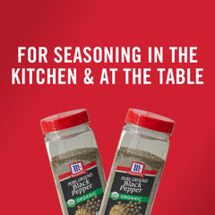 McCormick jar open revealing fine ground black pepper texture and benefit: ready to scoop
