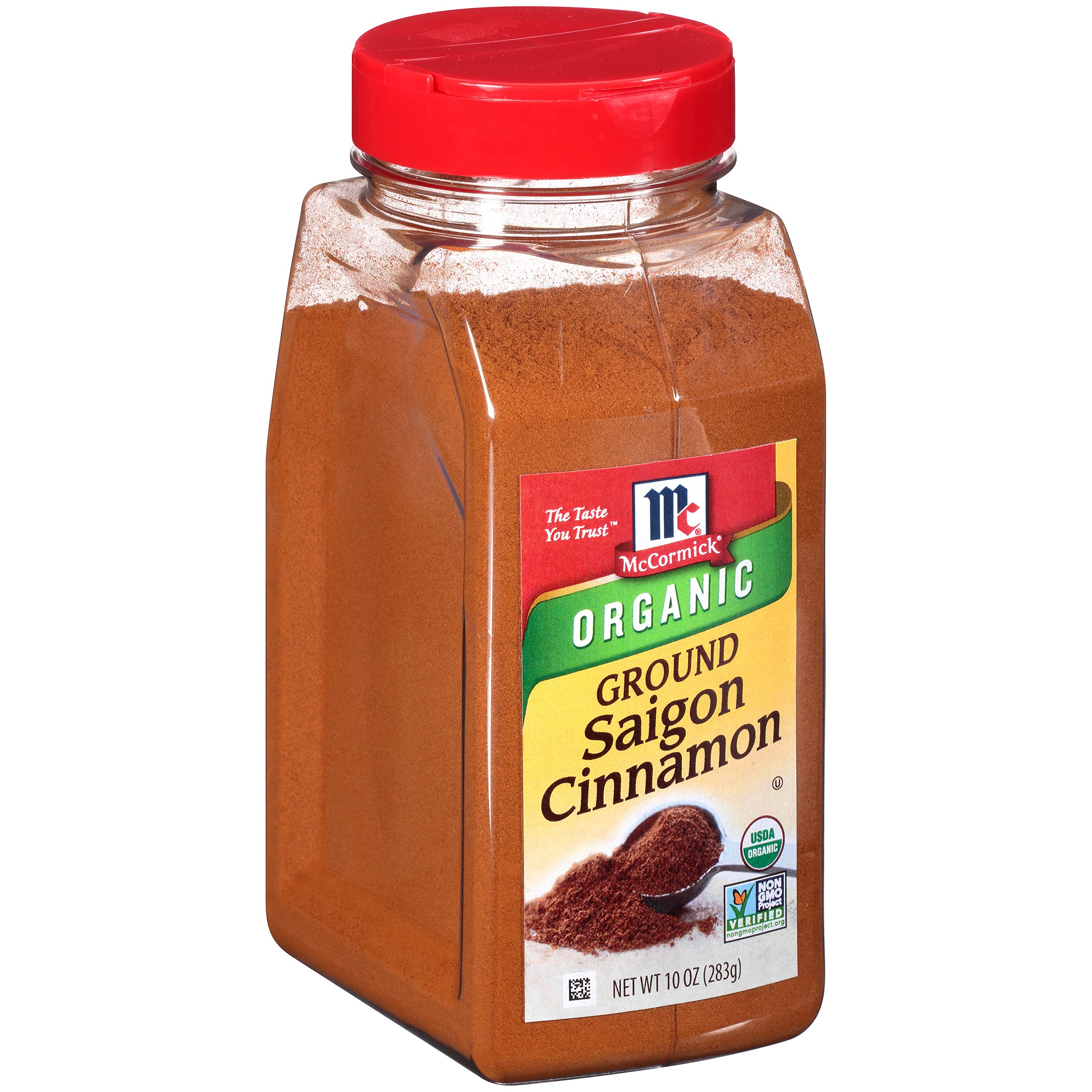 McCormick organic Saigon cinnamon bottle front showing label and size benefits