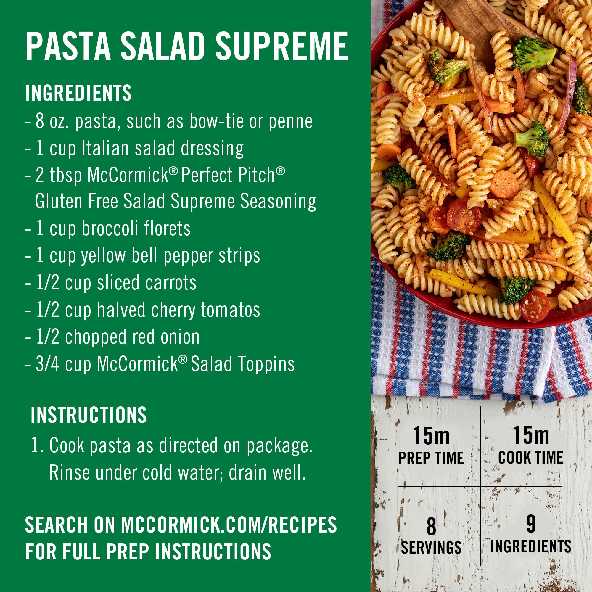 McCormick bottle on kitchen counter with salad, suggests everyday pantry use
