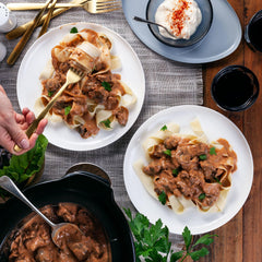 Finished McCormick stroganoff in skillet demonstrating creamy sauce and quick meal