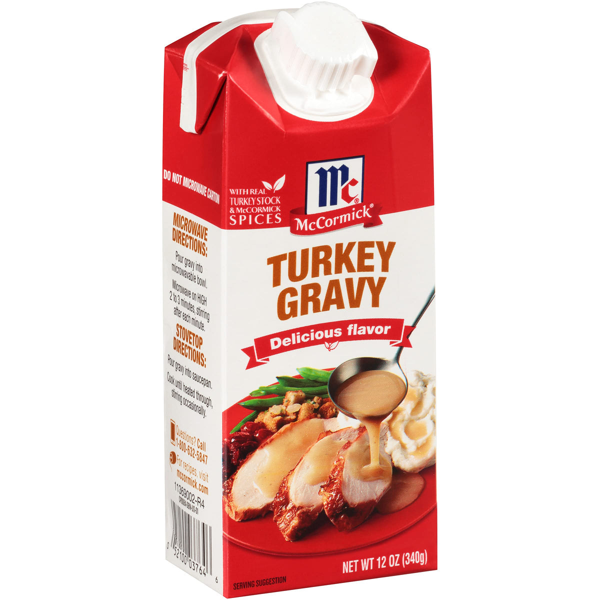 McCormick turkey gravy front bottle showing label and brand, quick serving solution