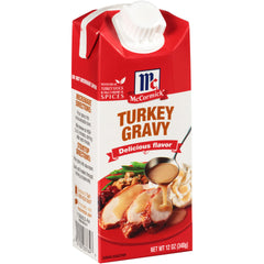 McCormick turkey gravy front bottle showing label and brand, quick serving solution