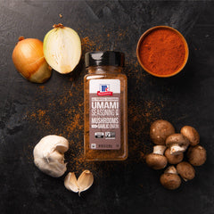McCormick close-up of seasoning blend texture with mushrooms and spices, adds savory depth