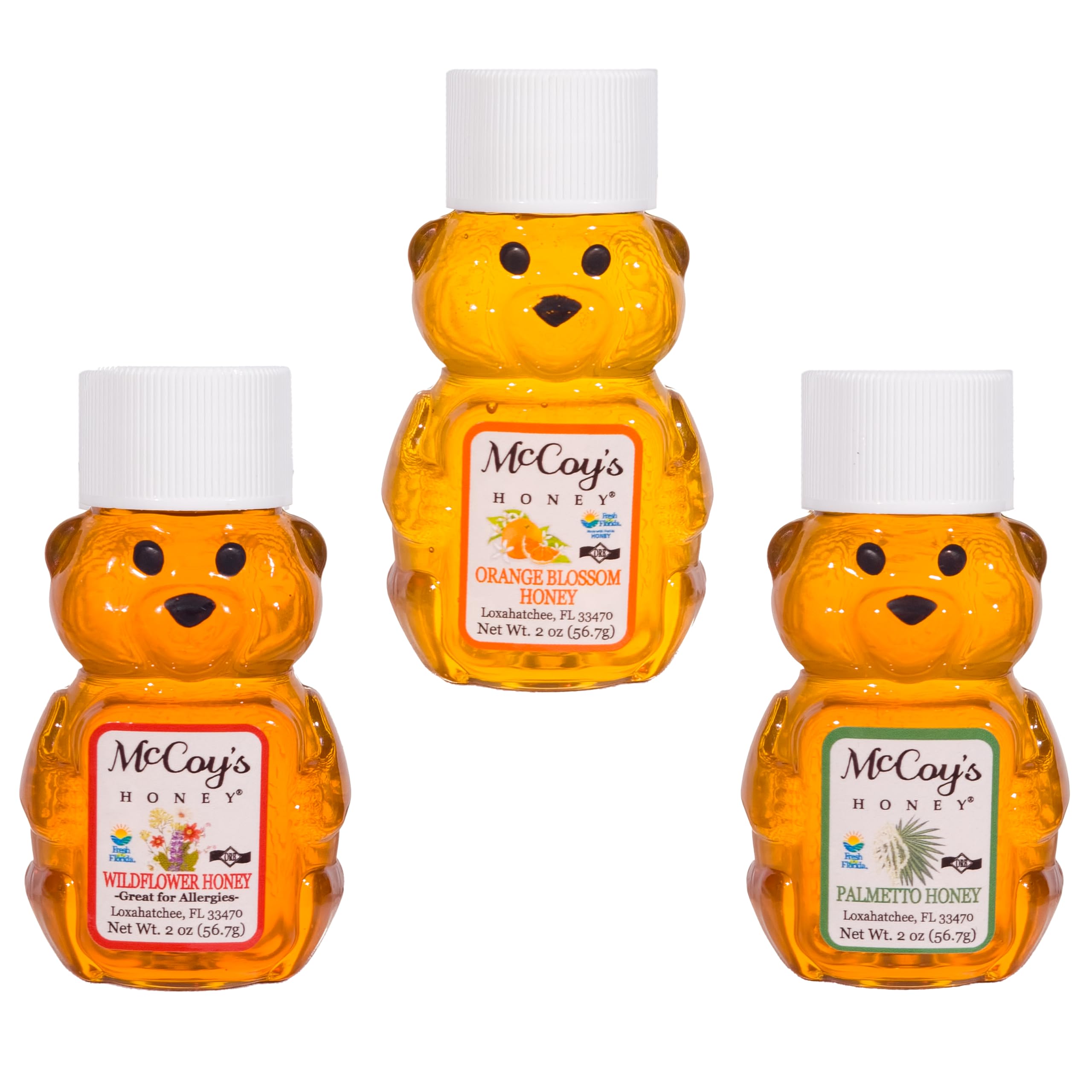 McCoy's Honey front packaging of three 2oz bears highlighting variety pack