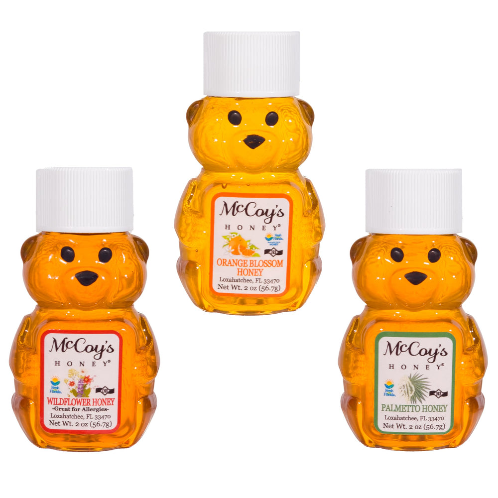 McCoy's Honey front packaging of three 2oz bears highlighting variety pack
