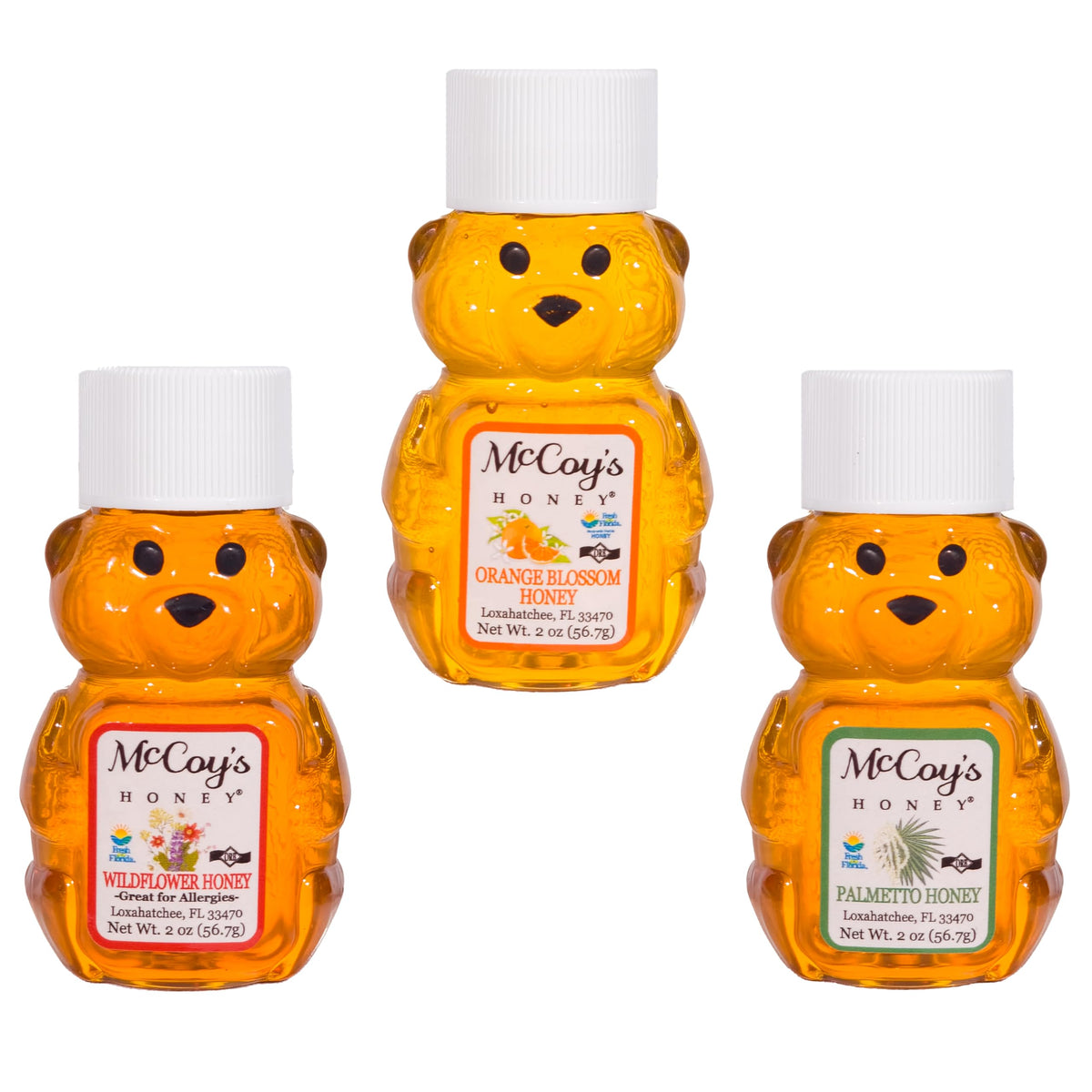 McCoy's Honey front packaging of three 2oz bears highlighting variety pack