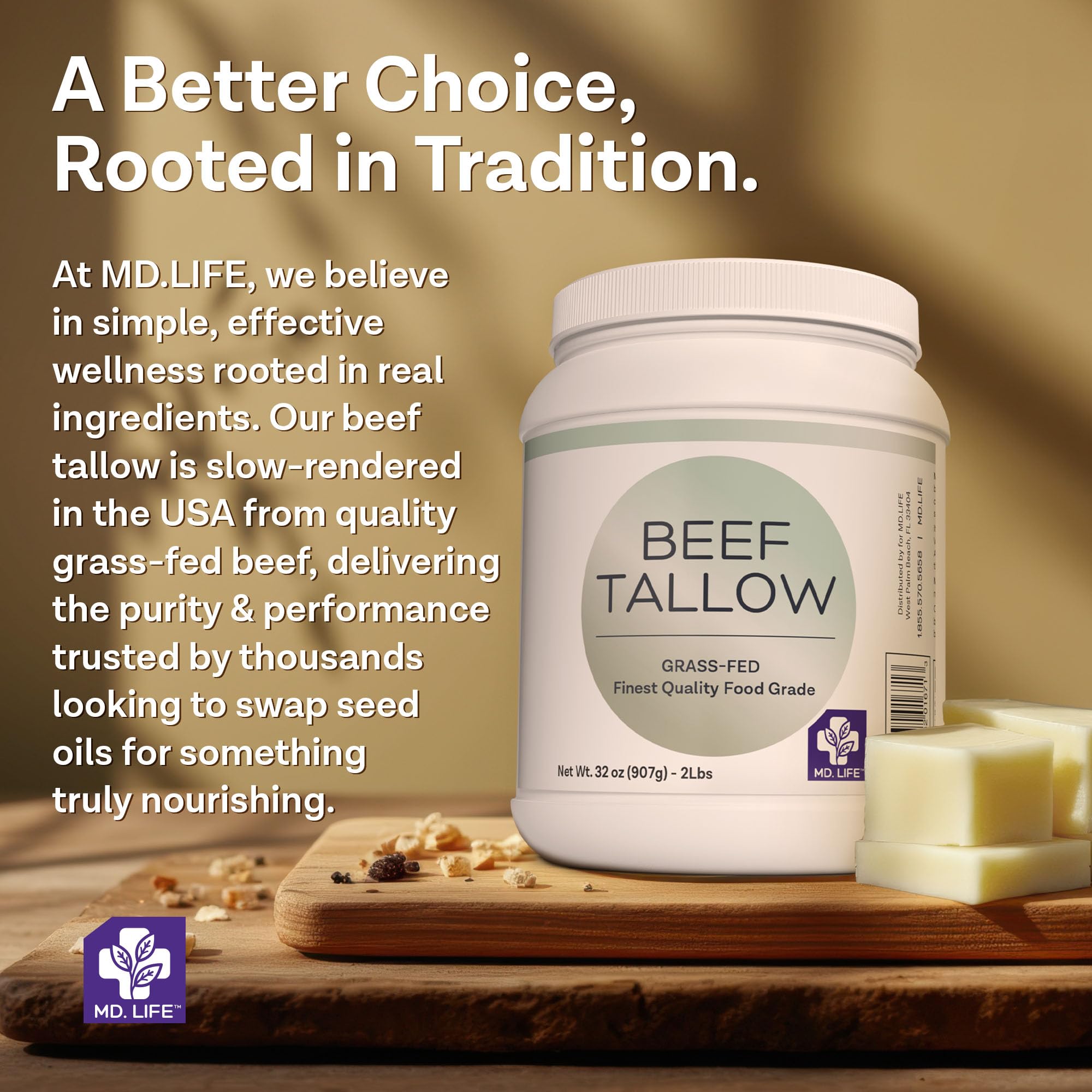 MD.LIFE product label showing grass-fed and GMP-certified quality