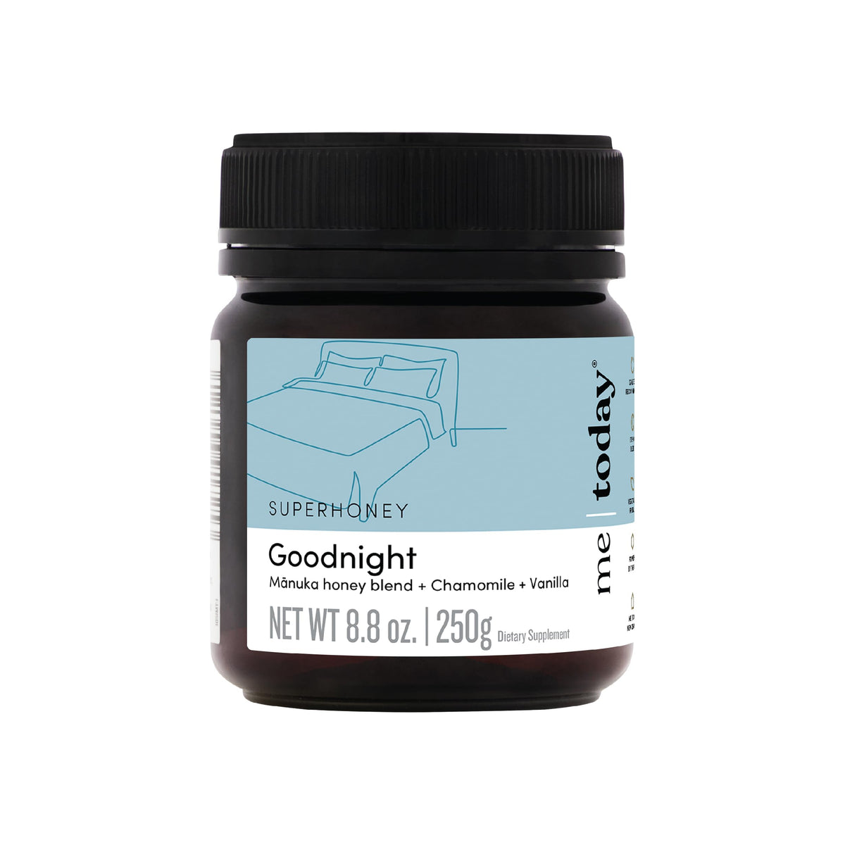Me Today jar front label showing blend and weight, clear benefit of calming flavors