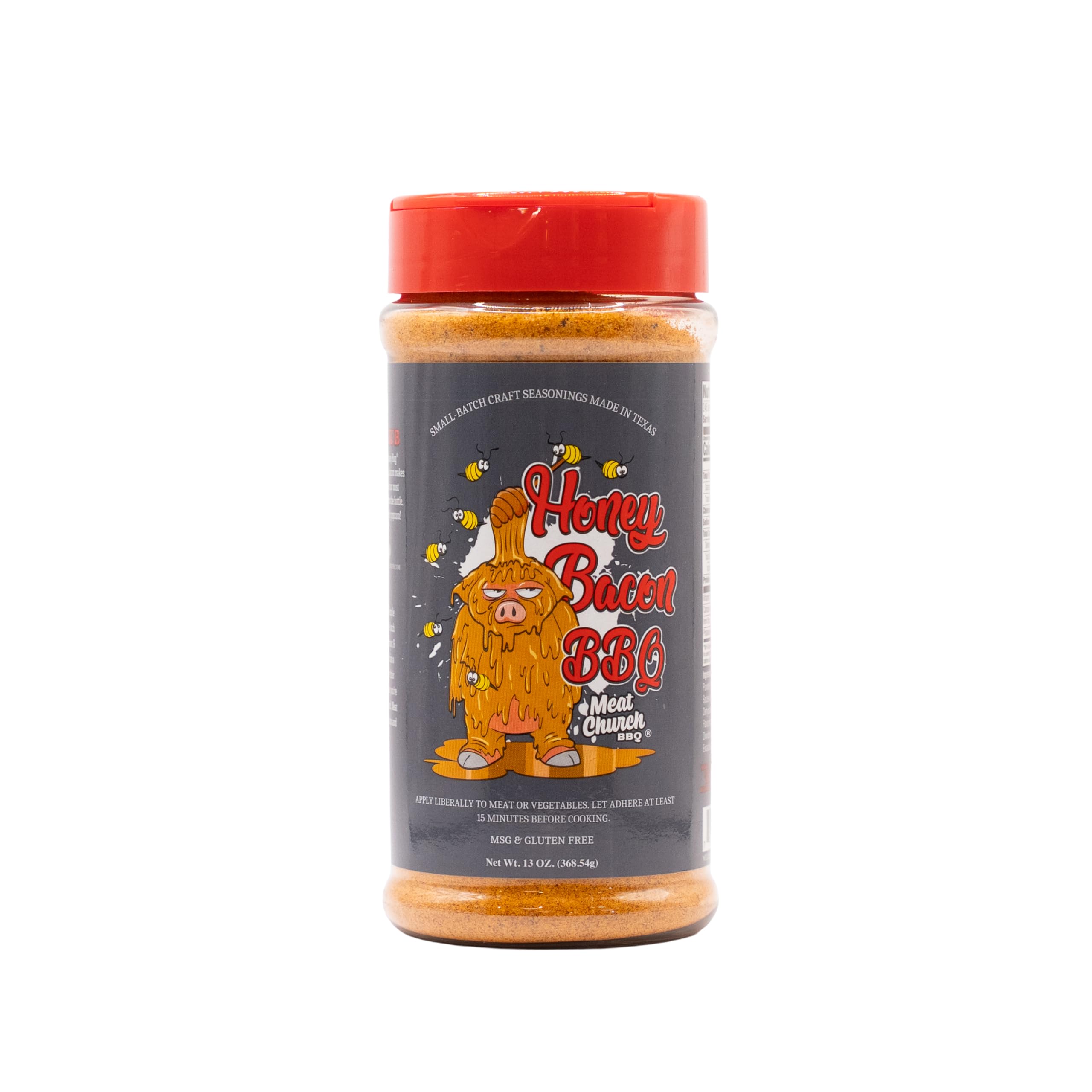 Meat Church bottle front label showing Honey Bacon rub and bold branding, highlights flavor