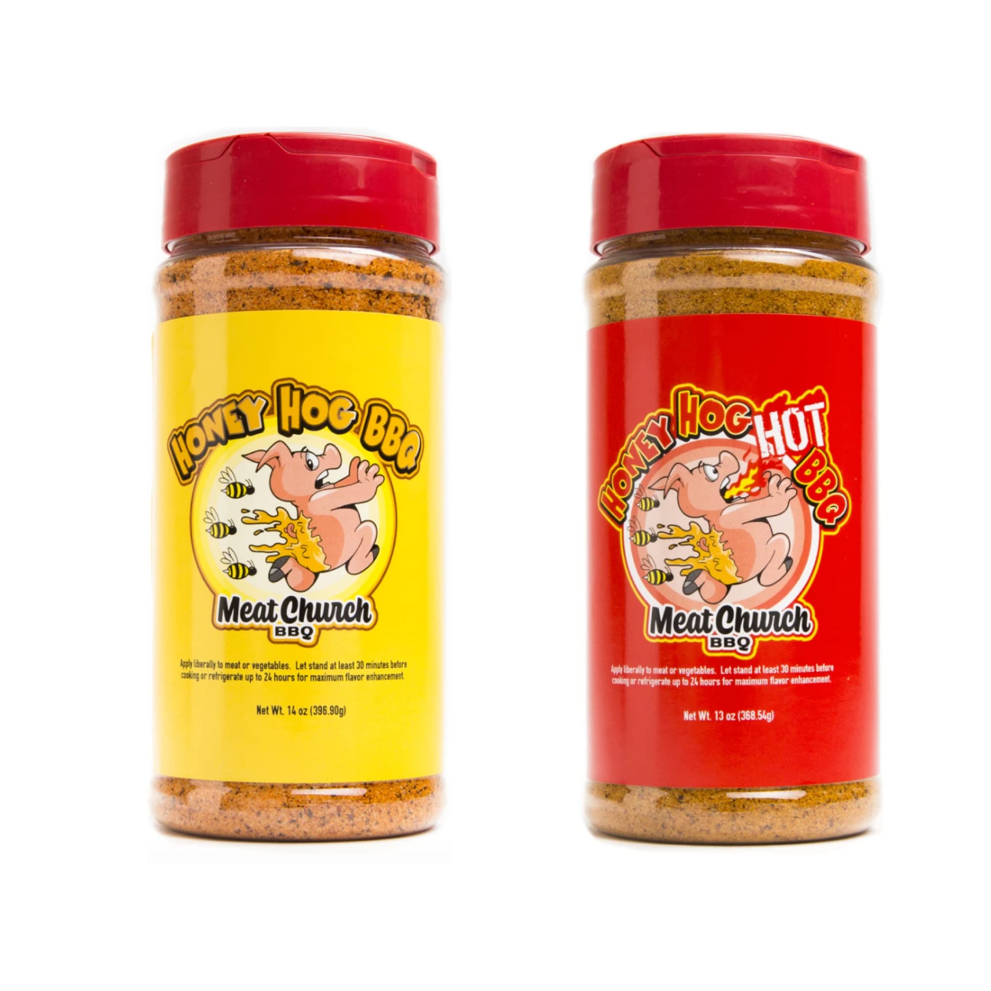 Meat Church front packaging of Honey Hog and Honey Hog Hot showing size and labels for clear choice