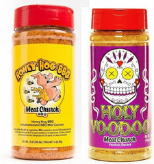 Meat Church front packaging showing both Honey Hog and Holy VooDoo for versatile seasoning