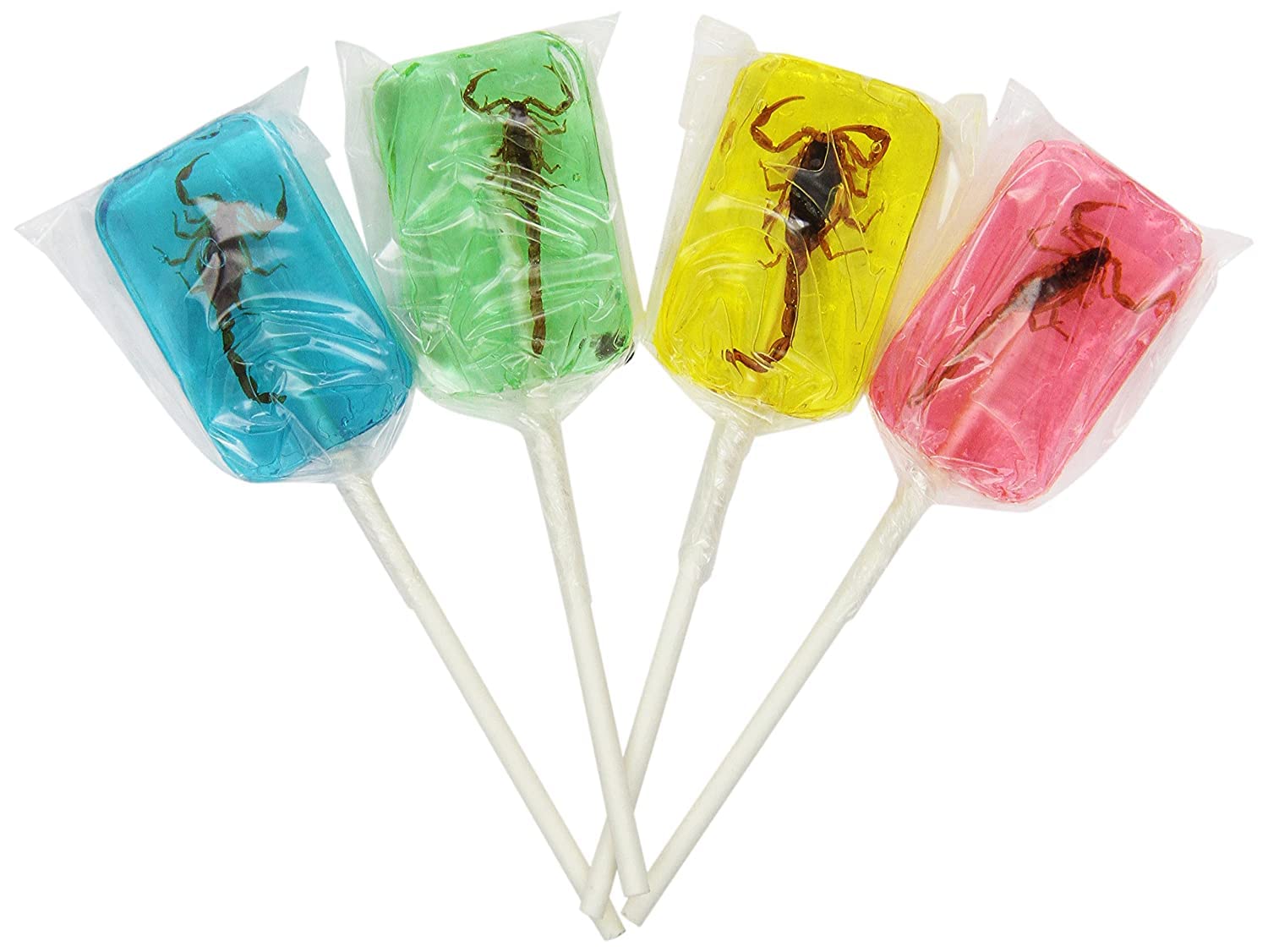 Meat Maniac front packaging shows four colorful scorpion lollipops and branding benefit bold novelty