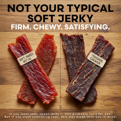 Mécène close-up of jerky fibers highlighting robust chew and texture