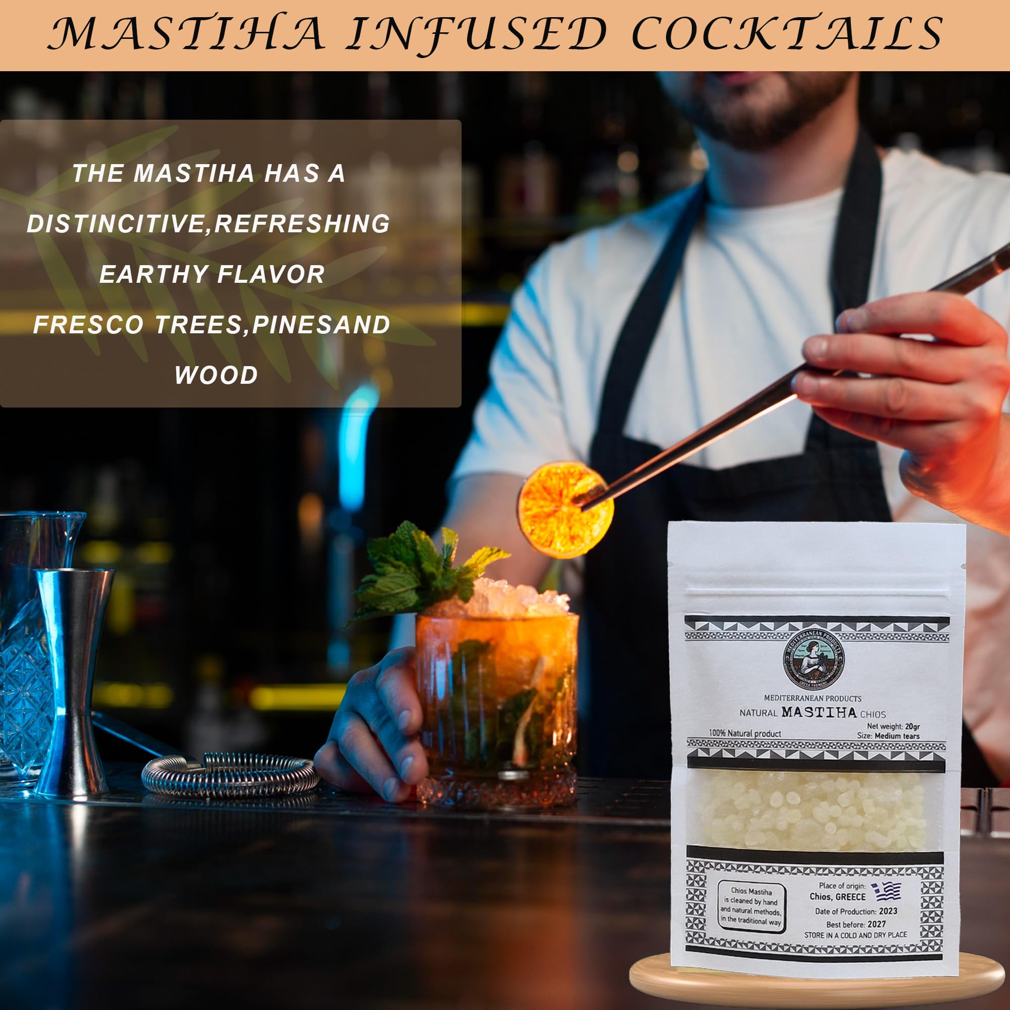 Mediterranean Products Greek Farmers ingredient label showing 100% pure mastic resin clarity