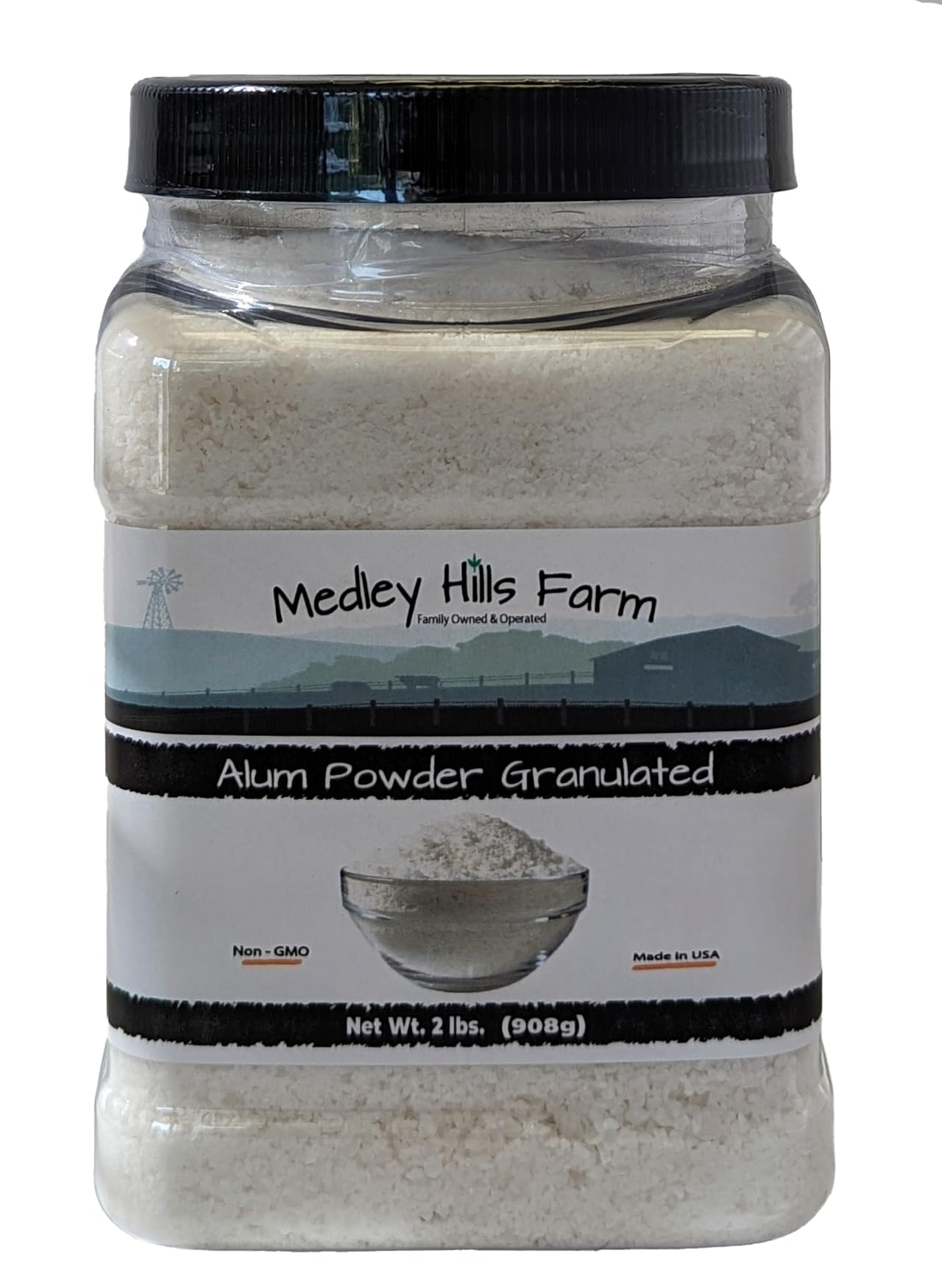 Medley Hills Farm front packaging showing 2 lb alum container benefits