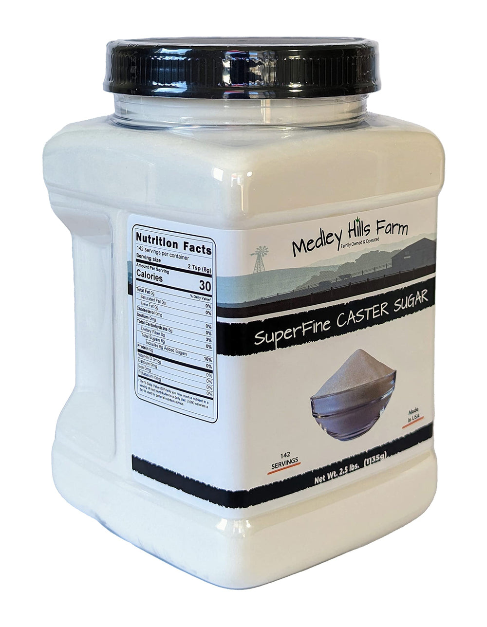 Medley Hills Farm open tub revealing superfine sugar ready to scoop, easy-access convenience